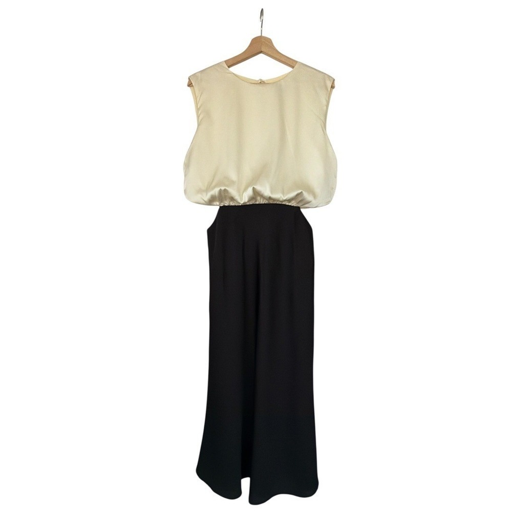 Lumiere Satin Onyx Black Ivory White Colorblock‎ Cut Out Midi Dress M Tie Back